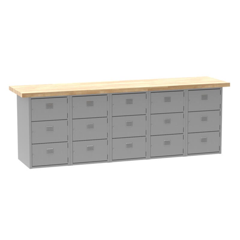 Image for Diversified Spaces Wall and Island Bench with 15 Vertical Lockers, 96 x 24 x 32-3/4 Inches, Maple Top, Gray Base from School Specialty