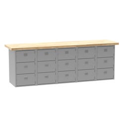 Image for Diversified Spaces Wall and Island Bench with 15 Vertical Lockers, 96 x 24 x 32-3/4 Inches, Maple Top, Gray Base from School Specialty