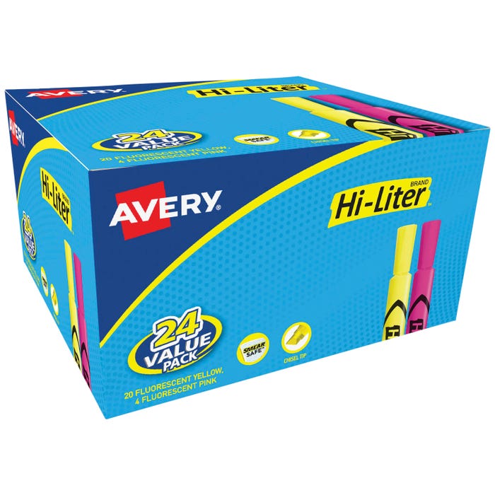 HI-LITER Desk Style Highlighters, Chisel Tip, Fluorescent Pink and Yellow, Box of 24