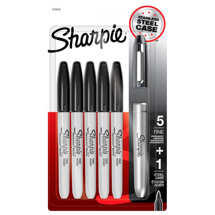 Sharpie Permanent Markers with Stainless Steel Marker Case, Fine Point, Black, Set of 6