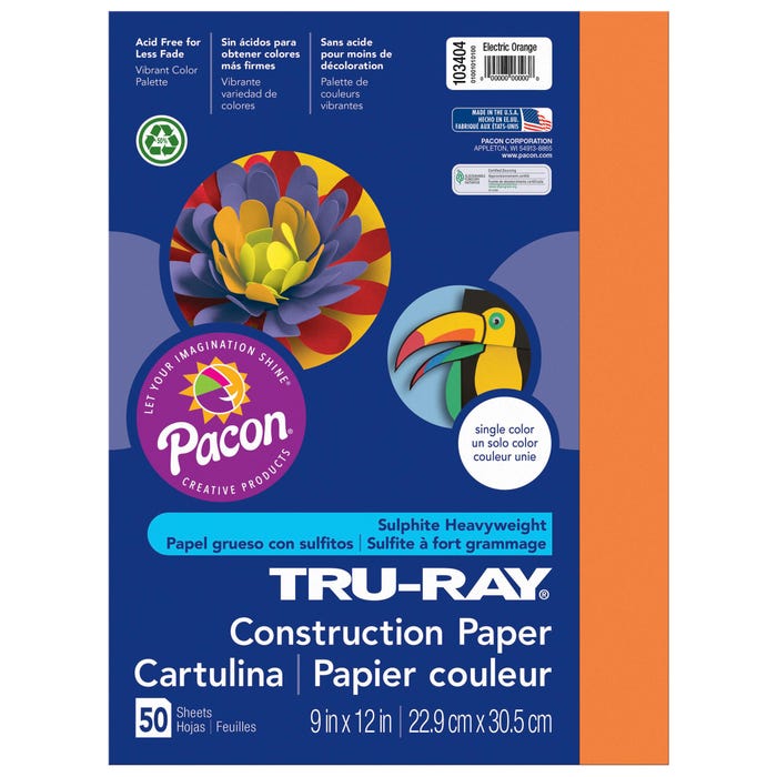 Tru-Ray Sulphite Construction Paper, 9 x 12 Inches, Electric Orange, 50 Sheets