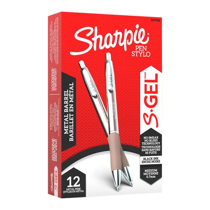 Sharpie S-Gel Pens, Medium Point, 0.7mm, Champagne Metal Barrel, Black Ink, Pack of 12