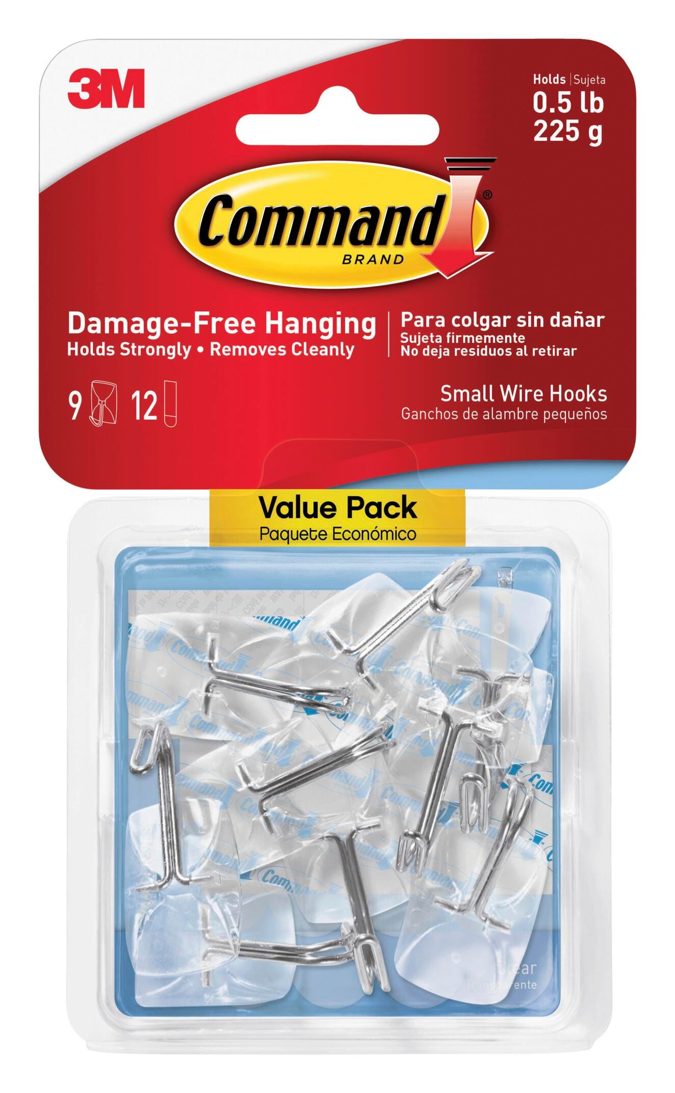 Command Wire Hook with Adhesive Strips, Small, 8 oz, Clear, Pack of 9 2133422