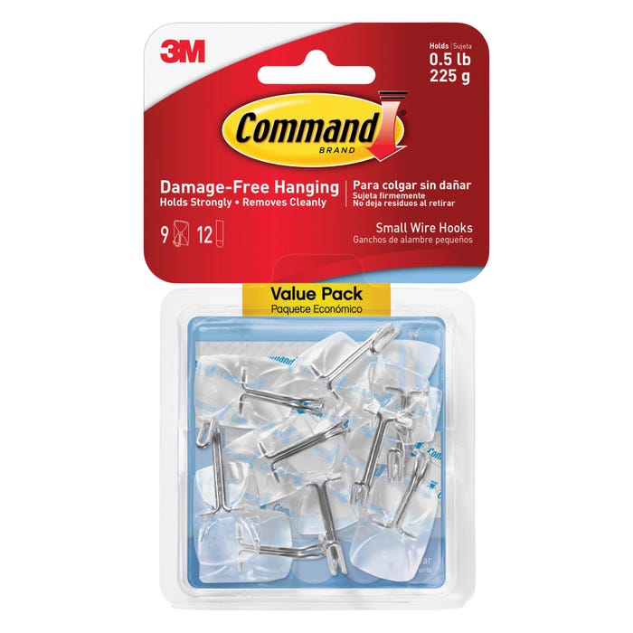 Command Wire Hooks with Adhesive Strips, Small, 1/2 Pound Capacity, Clear, Pack of 9