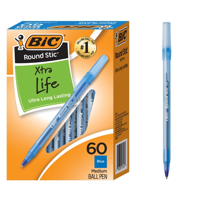 BIC Round Stic Ballpoint Pen, 1 mm Medium Tip, Blue Ink, Pack of 60