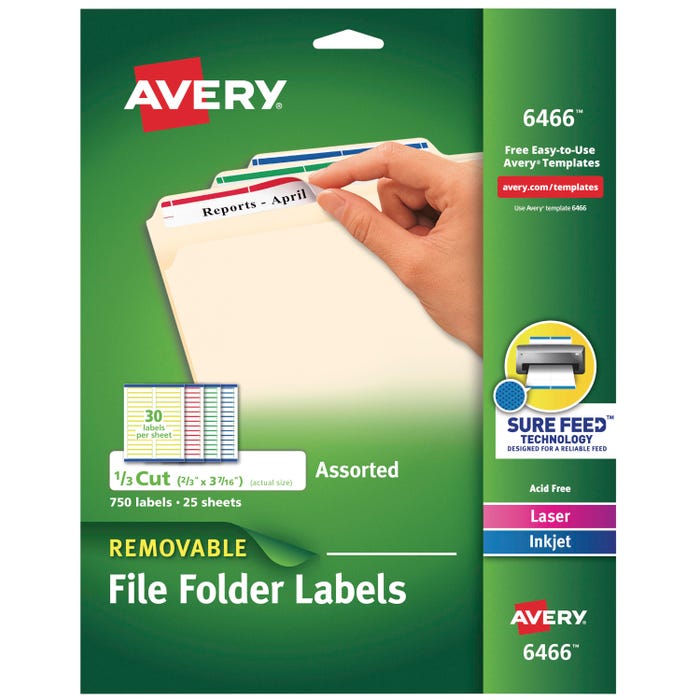 Avery Removable File Folder Labels, 2/3 x 3-7/16 Inches, Assorted Colors, Set of 750