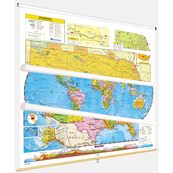 Social Studies NEBRASKA/U.S./WORLD MAP COMBO, Markable, Erasable, Grades 4-12
