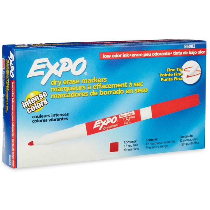 EXPO Low Odor Dry Erase Markers, Fine Tip, Red, Pack of 12