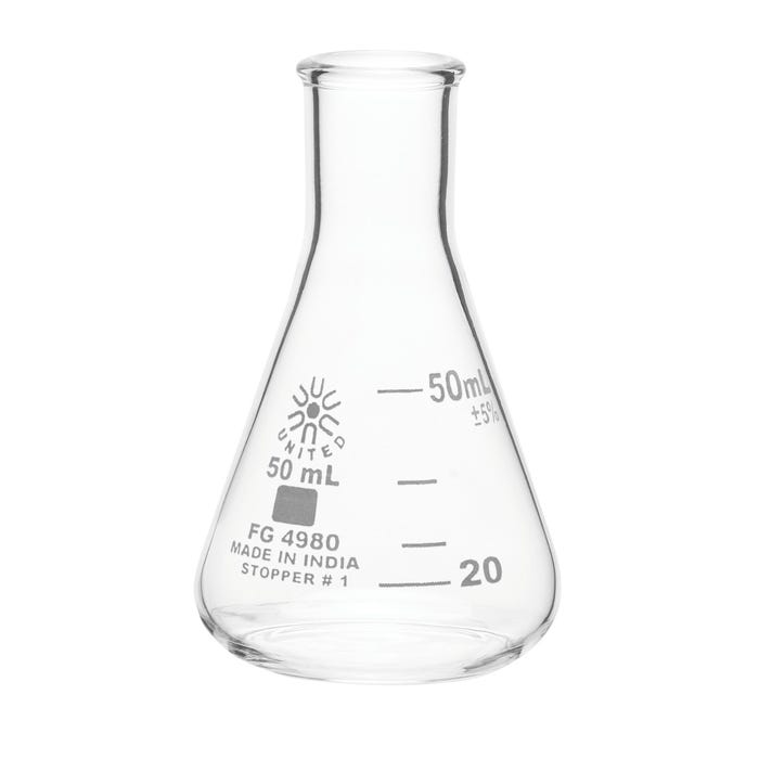 United Scientific Narrow Mouth Erlenmeyer Flasks, Borosilicate Glass, 50 Milliliters, Pack of 12