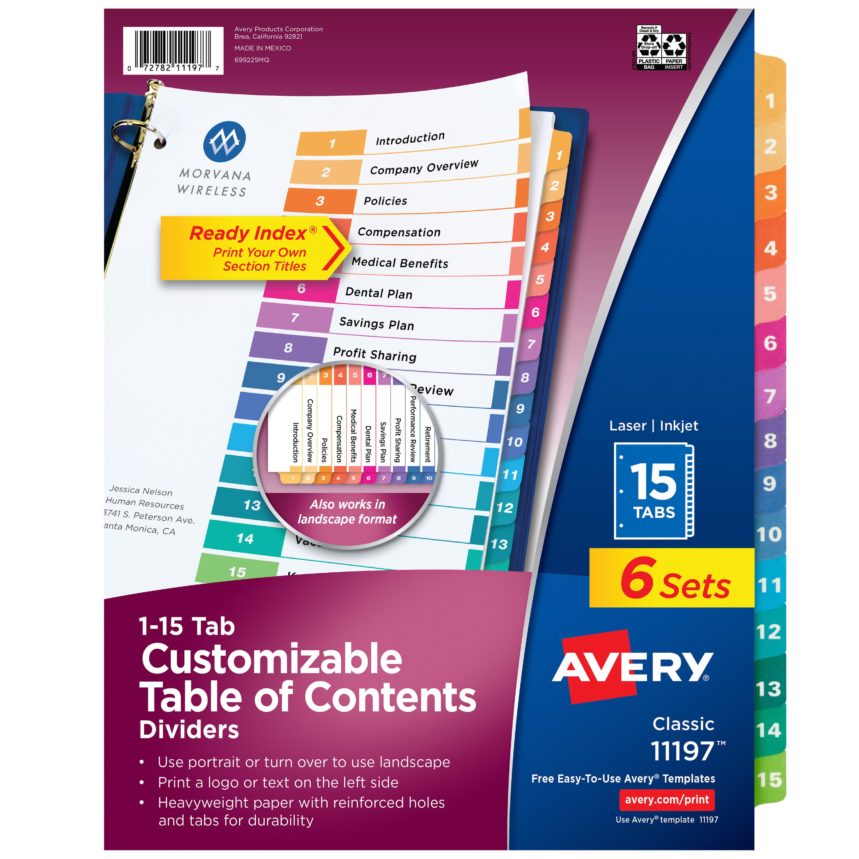 Avery Ready Index Dividers, 15 Tab, 1-15, Assorted Colors, 6 Sets 1085410