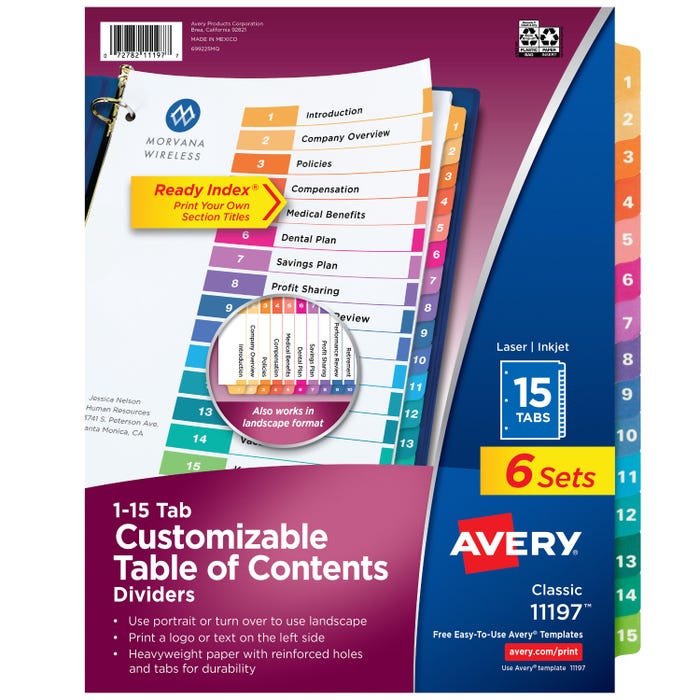 Avery Ready Index Dividers, 15 Tab, 1-15, Assorted Colors, 6 Sets