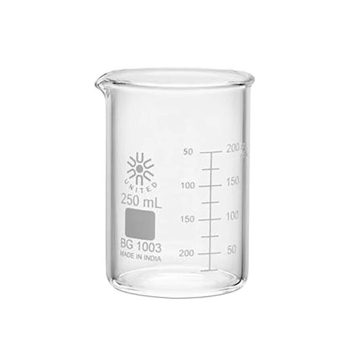 United Scientific Heavy Duty Low Form Beakers, Borosilicate Glass, 250 Milliliters, Pack of 12
