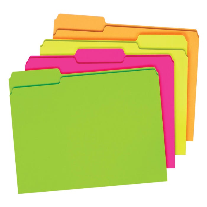 Pendaflex Glow File Folders, Letter Size, 3 Tab, Assorted Colors, Set of 24