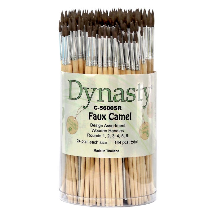 Dynasty Brush C-5600SR Faux Camel Hair Classroom Brushes in Cylinder, Round Type, Short Handle, Assorted Sizes, Set of 144