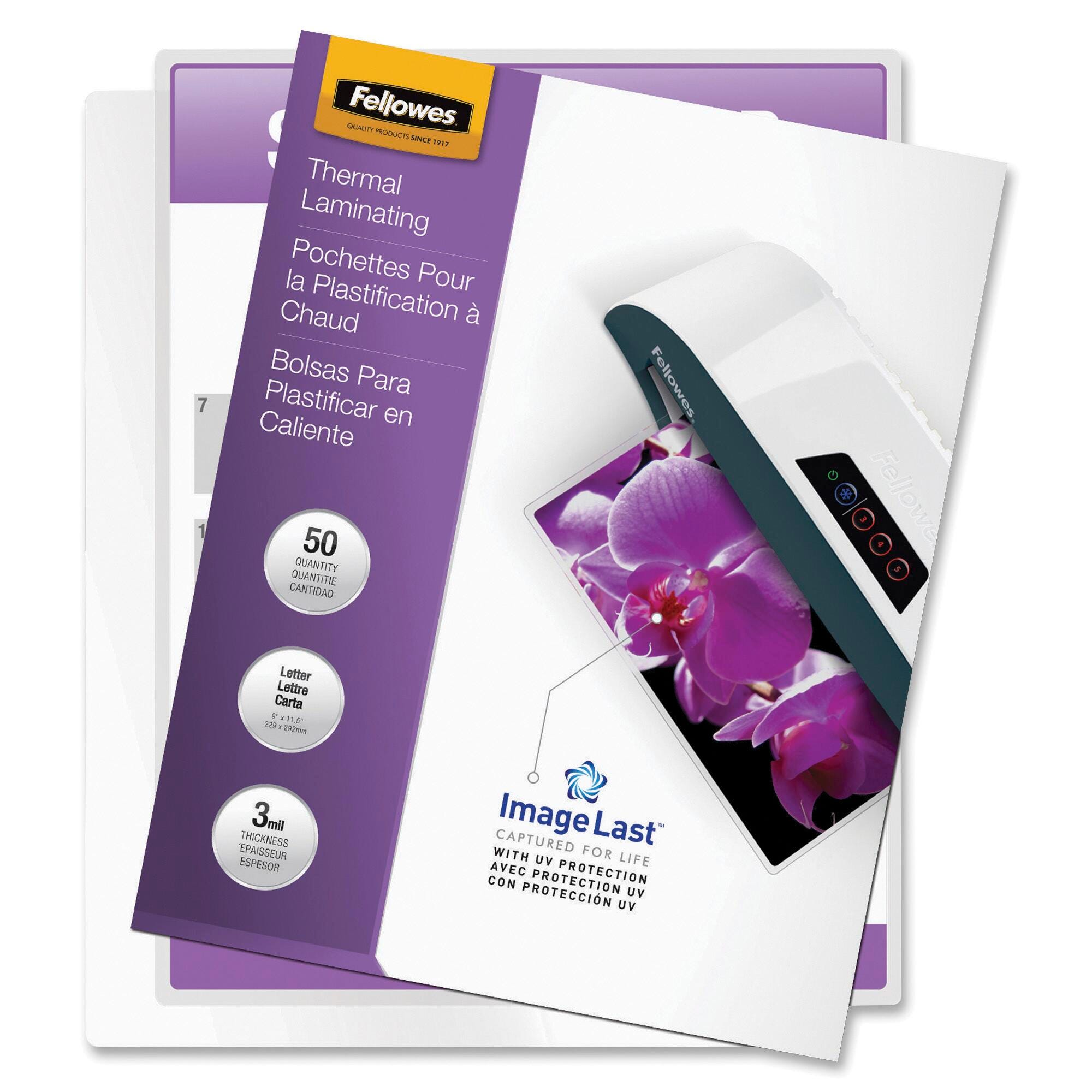 Fellowes Letter Size Laminating Pouch, 3 mil Thickness, Clear Gloss, Pack of 50, Item Number 1080523