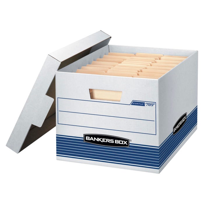 Bankers Box File Storage Box with Lid, Letter/Legal Size, 12 x 15 x 10 Inches, Blue/White, Pack of 12