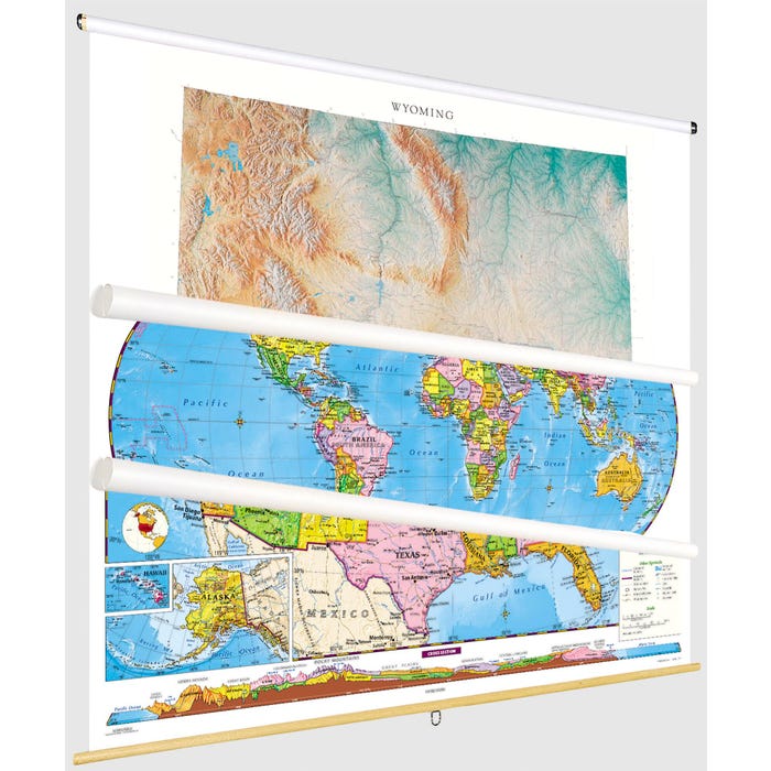 Social Studies WYOMING/U.S./WORLD MAP COMBO, Markable, Erasable, Grades 4-12