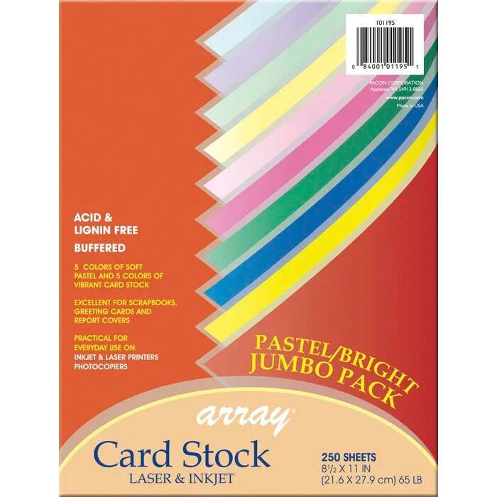 Array Card Stock Paper, 8-1/2 x 11 Inch, Assorted Bright Pastel Colors, Pack of 250
