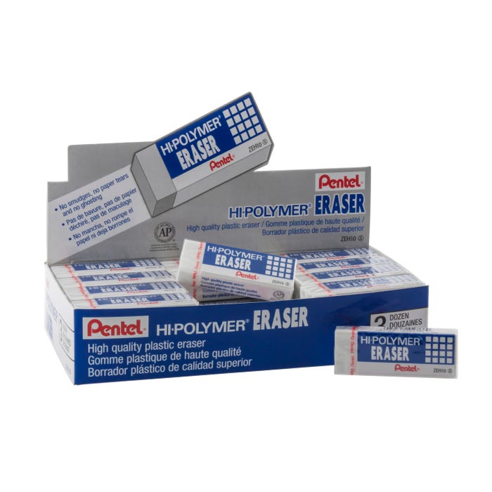 Pentel Hi-Polymer Block Eraser, Large, White, Pack of 36