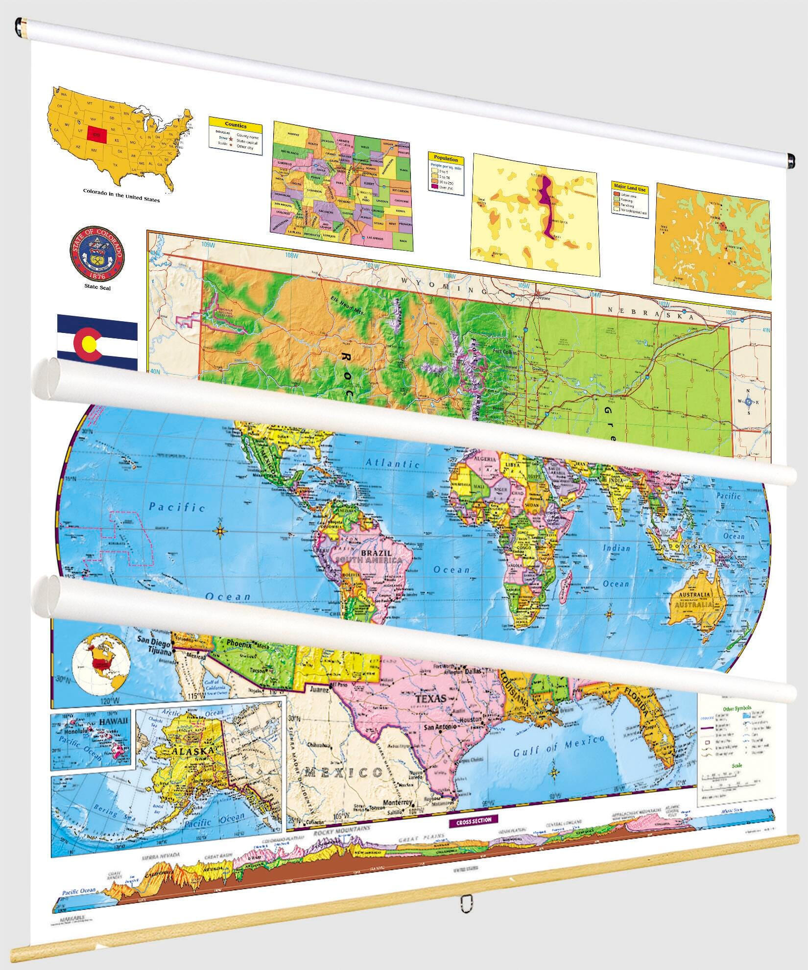 Social Studies COLORADO/U.S./WORLD MAP COMBO, Markable, Erasable, Grades 4-12, Item Number 1566296