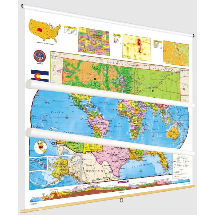 Social Studies COLORADO/U.S./WORLD MAP COMBO, Markable, Erasable, Grades 4-12