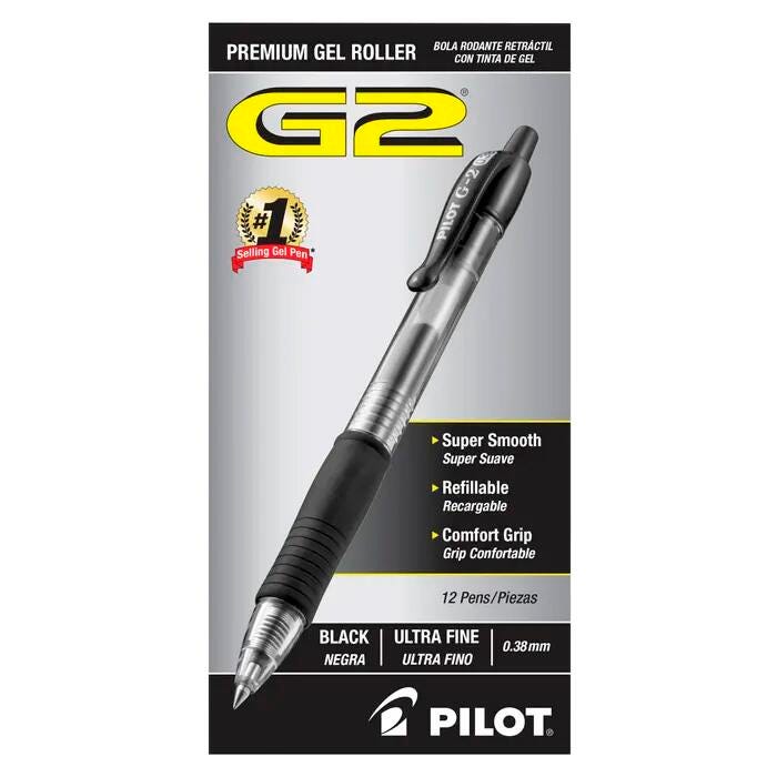 Pilot G2 Premium Retractable Gel Ink Rolling Ball Pens, Ultra Fine Point, Black Ink, Pack of 12 2131010