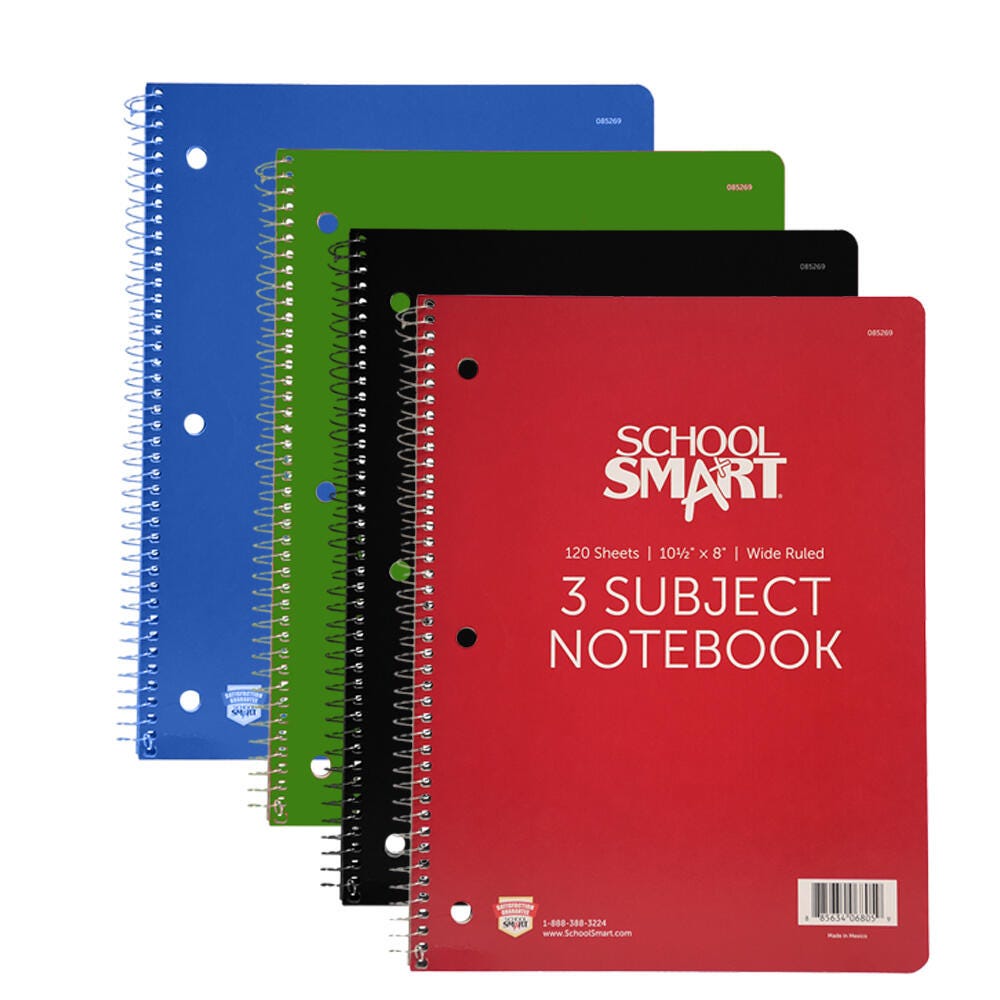 School Smart Spiral Perforated 3 Subject Wide Ruled Notebook, 10-1/2 x 8 Inches 085269