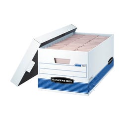 Bankers Box File Storage Box with Lid, Letter Size, 10 x 12 x 24 Inches, White/Blue, Pack of 12, Item Number 1351376