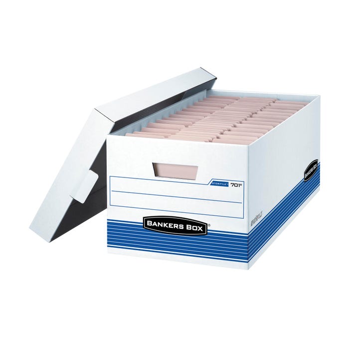 Bankers Box File Storage Box with Lid, Letter Size, 12 x 24 x 10 Inches, White/Blue, Pack of 12
