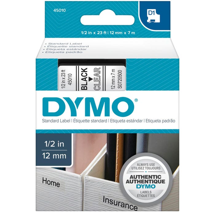 Dymo D1 Electronic Tape Cartridge, 1/2 Inch x 23 Feet, Black on Clear
