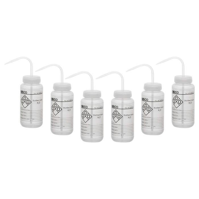 Eisco Labs Distilled Water Wash Bottle, 500 mL, Wide Mouth, LDPE, Pack of 6
