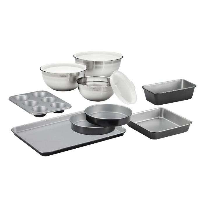 Cuisinart Chefs Classic 6-Piece Non-Stick Bakeware Set and 3 Stainless Steel Mixing Bowls with Lids