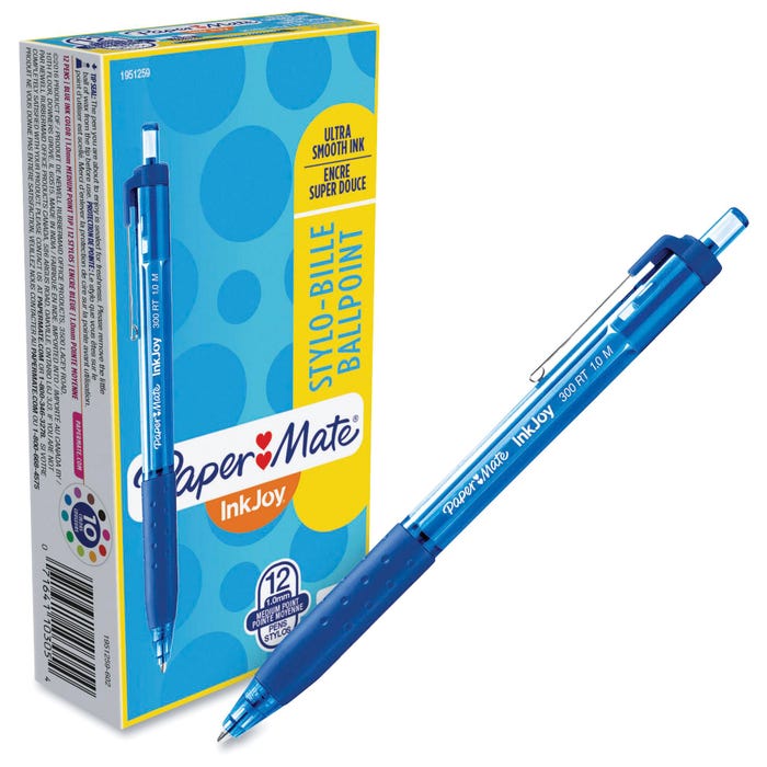 Paper Mate Inkjoy Retractable Ballpoint Pens, Medium Point, 1.0 mm, Blue, Pack of 12