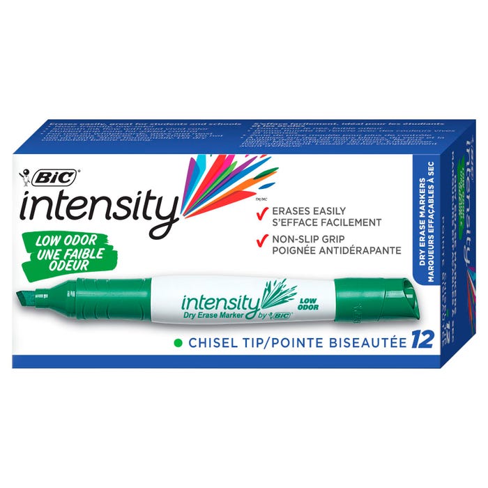 BIC Intensity Low Odor Dry Erase Markers, Chisel Tip, Green, Pack of 12